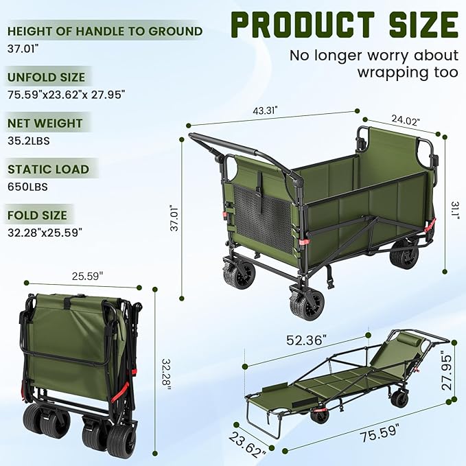 LEVELEVE Heavy Duty Folding Wagon - 2-in-1 Collapsible Cart, 650lb Capacity, All-Terrain Wheels w/Brakes & Side Pockets (Army Green)