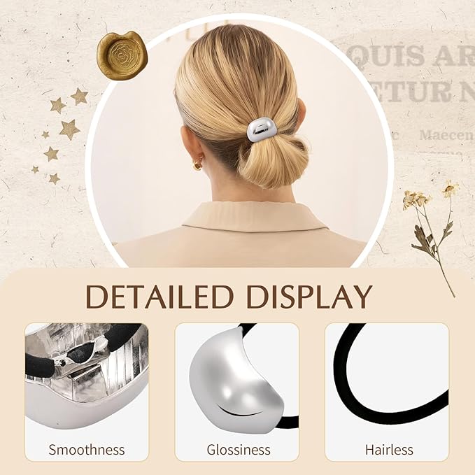 3PCS Silver Hair Ties, Silver Hair Accessories for Women, Metal Hair Ties for Thick Hair Elegant Durable Geometric Design, Stretchy and Non-Damage Hair Cuff Ponytail Holders