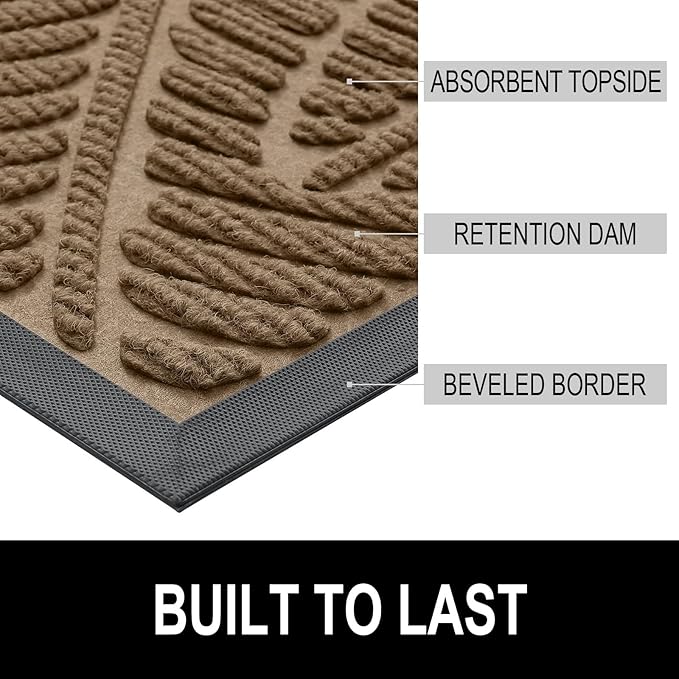 Colorxy Waterproof Doormat, Sturdy Natural Rubber Front Indoor Mat, Non Slip Low Profile Outdoor Door Mat, Stain and Fade Resistant Floor Mats, Easy Clean Patio Entry Mat, 30''x17'', Light Brown