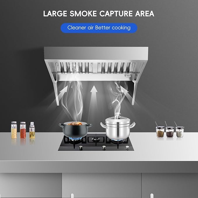 6FT Commercial Kitchen Exhaust Hood, Wall Mount Stainless Steel Vent Hood with 2 Detachable u-Shaped Filters, Rust-Resistant Food Truck & Restaurant Range Hood for Concession Trailer Cooking Station