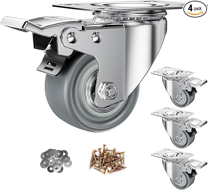 2 inch Caster Wheels, Casters Set of 4 Heavy Duty Locking Castors, Swivel Casters with Brake (Top Plate), Non Marking Grey TPR Castor Wheels for Cart Furniture Workbench