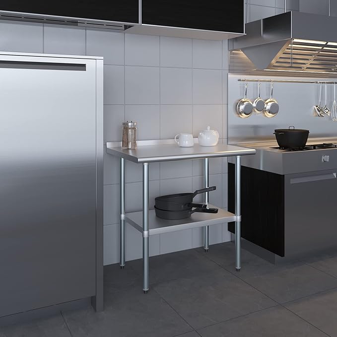 AmGood 36" Long x 24" Deep Stainless Steel Work Table with 1.5" Backsplash | Metal Kitchen Food Prep Table | NSF