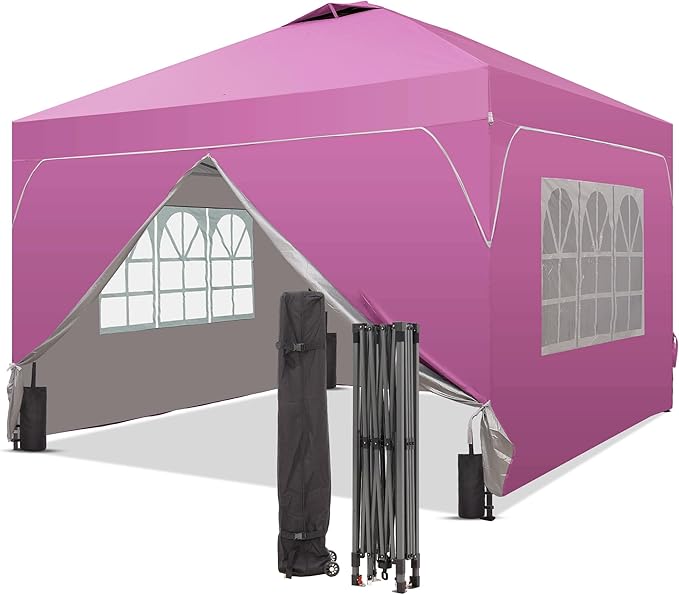 Saemoza 12x12 Pop Up Canopy Tent with One Push Setup, Outdoor Sun Shade Canopy with Vent Top for Backyard Party, Easy Up Instant Shelter with 4-Sandbags & Wheel Bag, Pink.