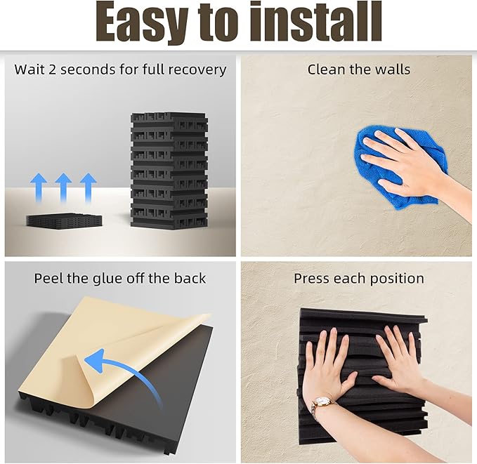 Upgrade 24 pack Self-adhesive Sound Proof Foam Panels,12" X 12" X 2" Acoustic Panels with High Density,Decorative Soundproof Wall Panels Studio Sound Absorbing Foam for Wall and Ceiling(Black）