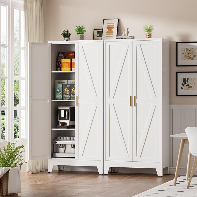 Metal Kitchen Pantry Cabinet, 61" White Farmhouse Storage Cabinet with 2 Vintage Barn Doors and 3 Adjustable Shelves, Rustic Freestanding Cupboard for Kitchen,Home Office Living Room,Dining Room