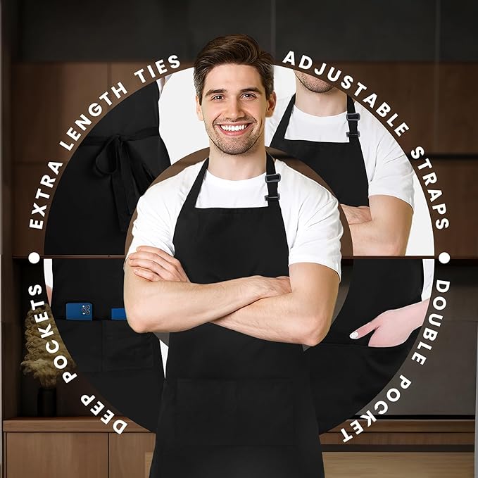 Adjustable Bib Apron 100% Polyester Kitchen Aprons Waterdrop Resistant Aprons with Adjustable Strap, Pockets & Long Ties