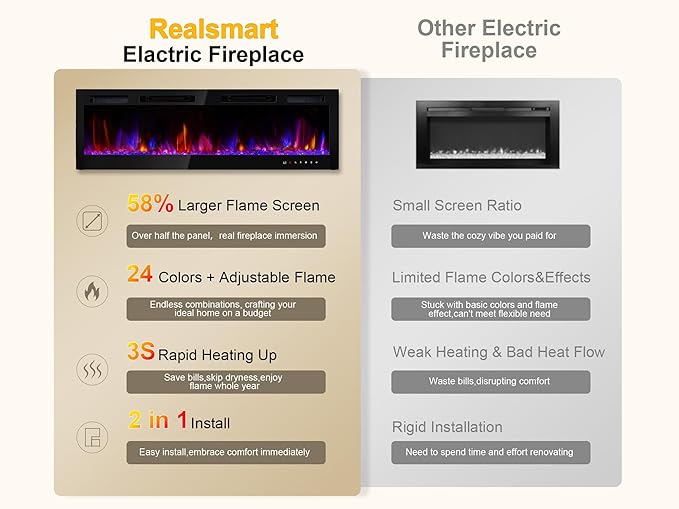 70" Electric Fireplace Realsmart Wall Mounted and Recessed 1500W Fireplaces Heaters with Remote Control Slim Black Wall Fireplace Adjustable 12 Flame Colors&5 Brightness Cool Touch Screen Timer