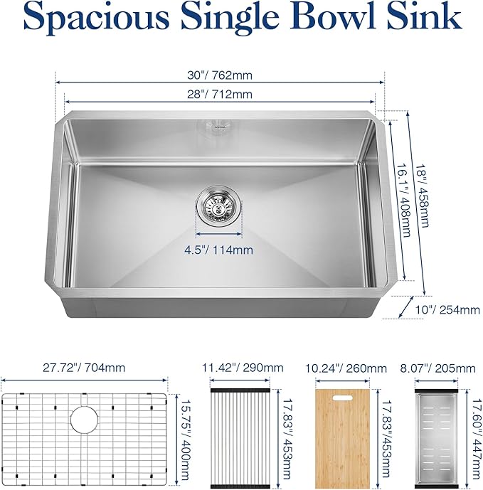 30x18 Inch Stainless Steel Kitchen Sink Undermount Workstation 16 Gauge 10 Inch Deep Single Bowl Handmade Basin with Accessories Multifunctional Workstation Set
