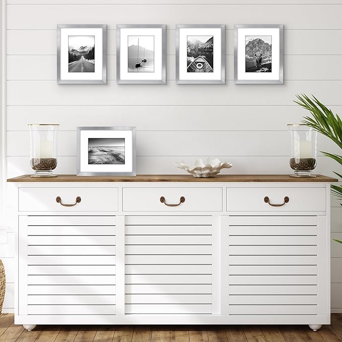 Americanflat 8x10 Picture Frame with Plexiglass - Set of 5 - Use as 5x7 Frame with Mat or Display 8x10 Photo Without Mat - Galleria Collection - Picture Frames for Tabletop or Wall - Silver