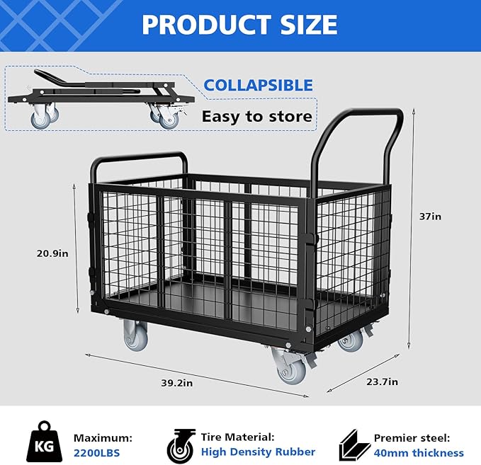 Platform Truck Cart with Cage, 5 in 1 Foldable Heavy Duty Platform Cart, 2500 LBS Capacity Heavy Duty PushCart with 4 Casters for Grocery, Laundry, Warehouse, Pantry, Garden