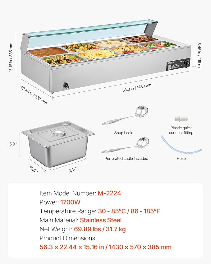 VEVOR Commercial Food Warmer, 1700W Electric Stainless Steel Steam Food Warmer with Glass Cover, 8-Pan Countertop Buffet Bain Marie with Soup & Perforated Ladles, for Catering, Restaurant & Party