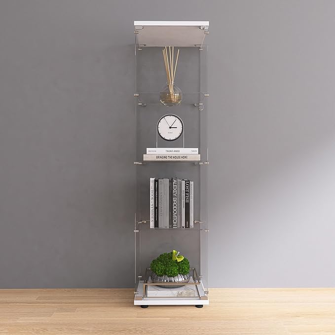 4-Shelf Glass Display Cabinet, Floor Standing Curio Bookshelf with Door & Locks, Toys & Trophy Display Case, for Living Room, Kitchen, Bedroom, Exhibition Hall (White)