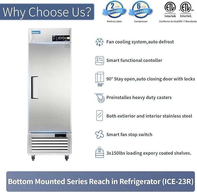ICECASA 27" W Commercial Refrigerator Reach-in 23 Cu.ft Single Solid Door Stainless Steel Commercial Refrigerator Fan Cooling for Restuarant, Bar, Shop, etc