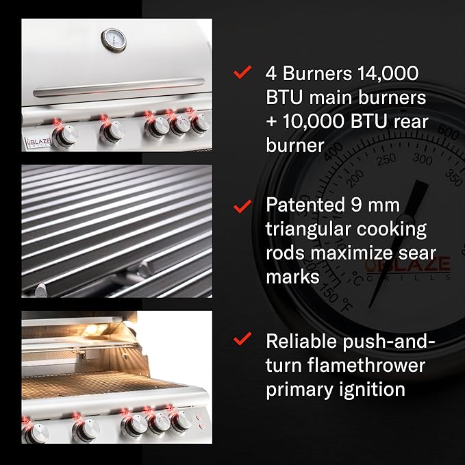 Blaze Gas Grill | 32-inch Built-in Natural Gas Grill | 4 Burner BBQ | Premium Outdoor Kitchen Grilling Experience | Best in Class Warranty | LTE+ | BLZ-4LTE3-NG