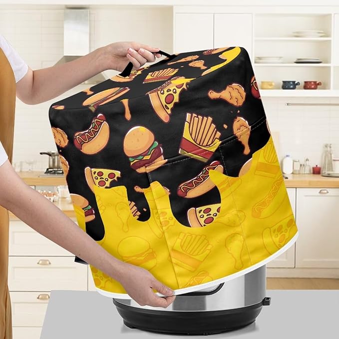 3 Quart Pressure Cooker Small Appliance Covers, Washable Dust Cover for Air Fryer Rice Cooker Kitchen Appliance Accessories with Storage Pockets, Pizza and Burger Print