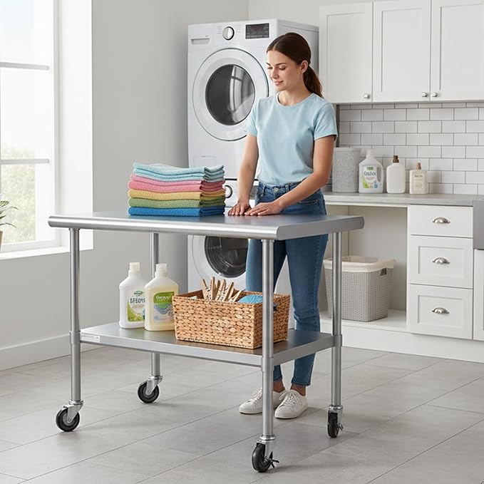STABLEINK Stainless Steel Table with Wheels 24 x 36 Inches, NSF Commercial Prep & Workbench with Adjustable Undershelf and Casters, for Commercial Kitchen, Restaurant, Hotel, Laundry and Garage