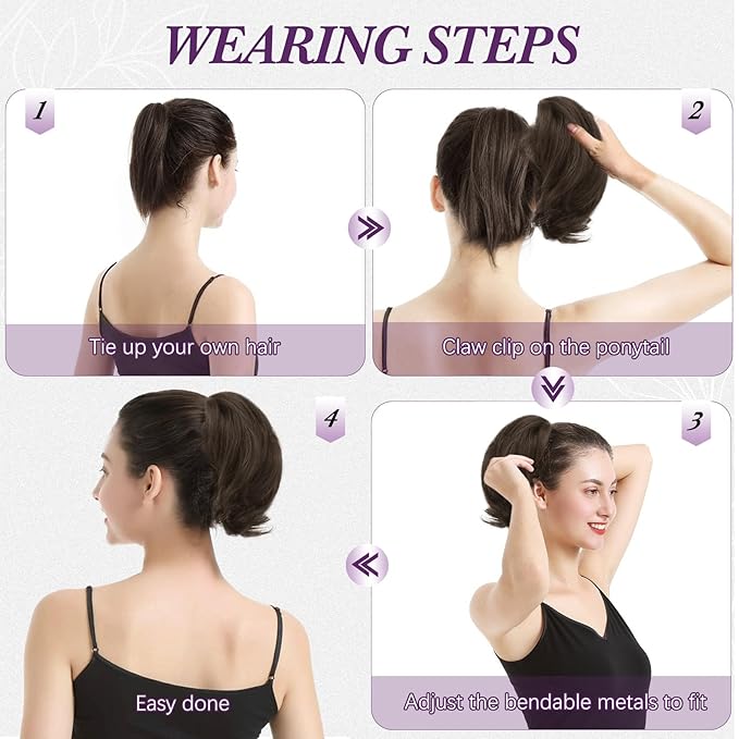 BARSDAR Claw Clip Short Human Hair Ponytail Extension with Bendable Metals - DIY 8 Inch Real Human Hair Brown Mix Blonde Messy Bun Hairpieces for Women - Thick Natural Short Ponytail Daily