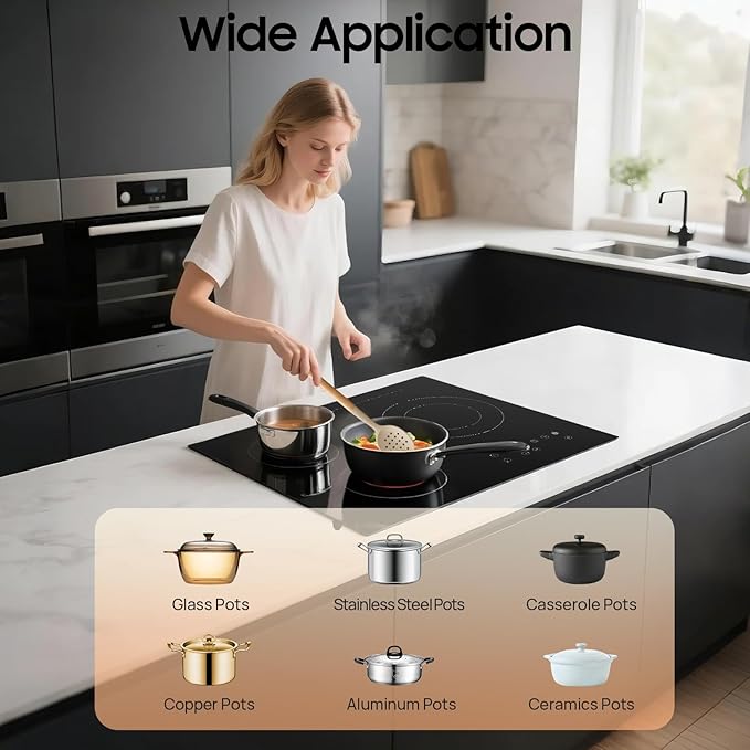 3 Burner Electric Ceramic Stove, 110V 9 Settings Cooktop LED Display Touch-Adjustable Control Stove Top for Glass Pot Stainless Steel Pot Casserole Pot Black