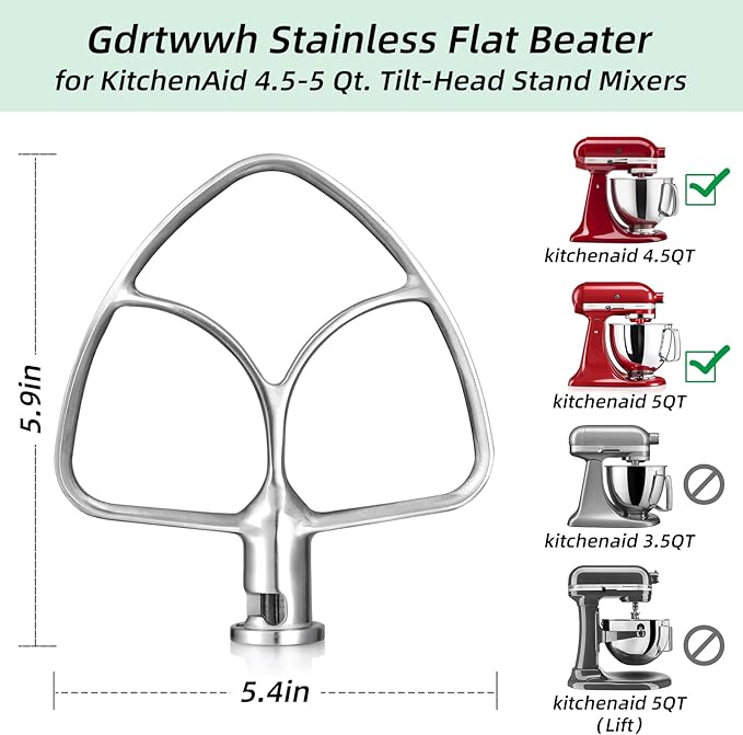 Gdrtwwh Stainless Steel Flat Beater Attachment for KitchenAid 4.5-5 Quart Tilt-Head Stand Mixer,Dishwasher Safe