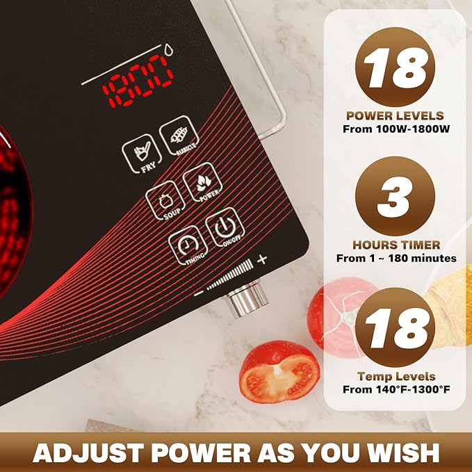 1800W Infrared Hot Plate, Portable Electric Ceramic Cooktop with Timer & Touch Control, 18 Heat Levels Single Burner, Non-Induction Countertop Stove for All Cookware, 110V