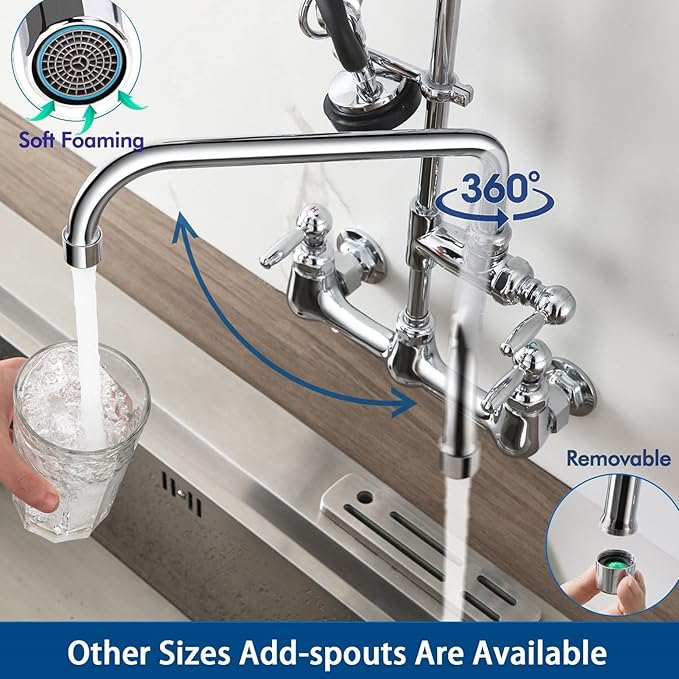 Commercial Sink Faucet with Sprayer, Wall Mount, 12' Swing Spout, 8 Adjustable Center, 25' Height for Restaurant Compartment Sink, Industrial, Chrome