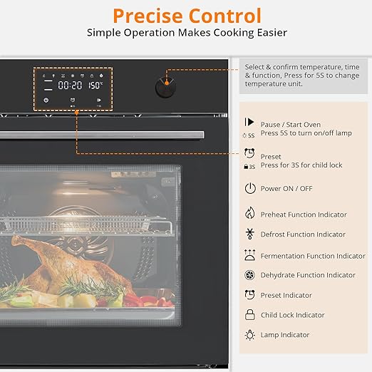 24 Inch Built-in Electric Single Wall Oven, 2.5 Cu.Ft. Smart 8-Mode Convection with 3D Heating, Safe 3-Layer Glass, Professional Touch Control & 500°F Max Temp for the Modern Home Kitchen