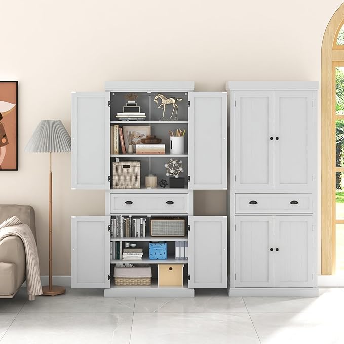 DORTALA 72” Tall Kitchen Pantry Cabinet, Wood Storage Cupboard w/ 4 Adjustable Shelves, 2 Cabinets & Drawer, Utility Freestanding Storage Cabinet for Kitchen, Hallway, Living Room, White