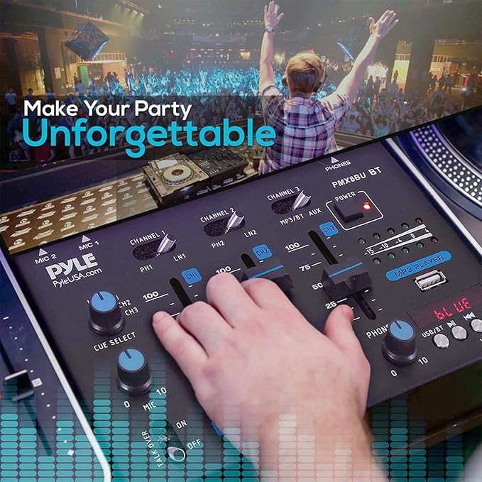 Pyle Wireless DJ Audio Mixer - 3 Channel Bluetooth Compatible DJ Controller Sound Mixer, Mic-Talkover, USB Reader, Dual RCA Phono/Line In, Microphone Input, Headphone Jack, Black - PMX8BU