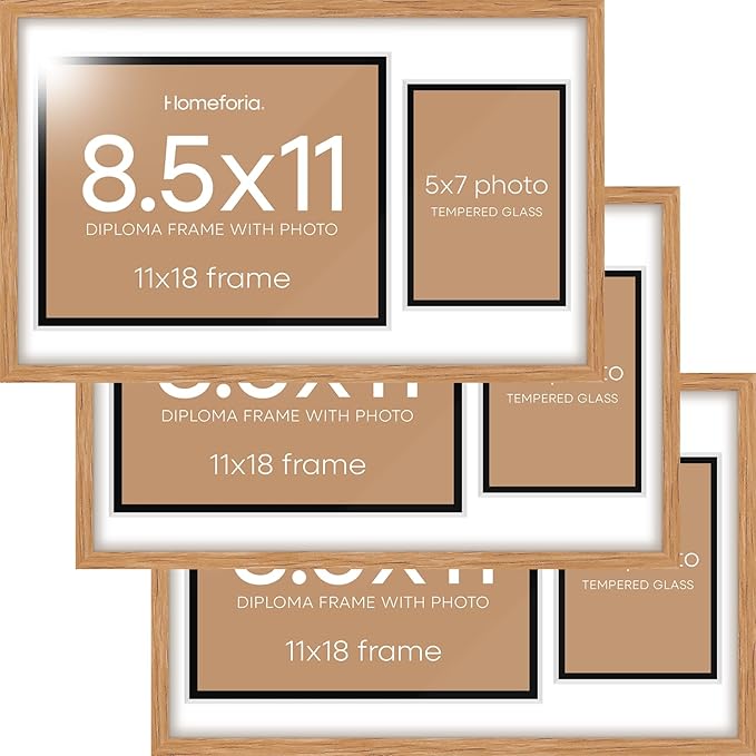 Homeforia 11x18 Diploma Frame with Photo, High End Natural Oak 11 x 18 Certificate Wood Frames with Mat 8.5x11 Diploma and 5x7 Picture, 18x11 Wooden Document Frames, Tempered Glass, Wall Kit, Set of 3