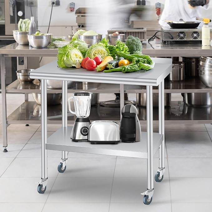 Stainless Steel Prep Table, 30 x 24 inches, with Backsplash, Adjustable Undershelf & 4 Wheels, Commercial Heavy Duty Table with Adjustable Under Shelf for Outdoor Use,Restaurants,Hotels,Works