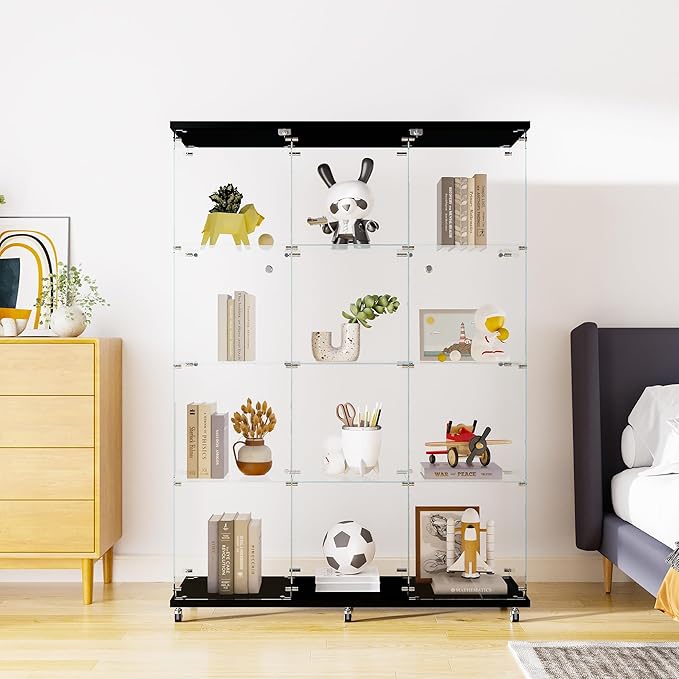 Yoluckea 4 Shelves Glass Display Cabinet Extra Large, Floor Standing Clear Glass Curio Cabinet Collection Display Case for Living Room Bedroom 66.14” x 47.64” x 14.57” Black