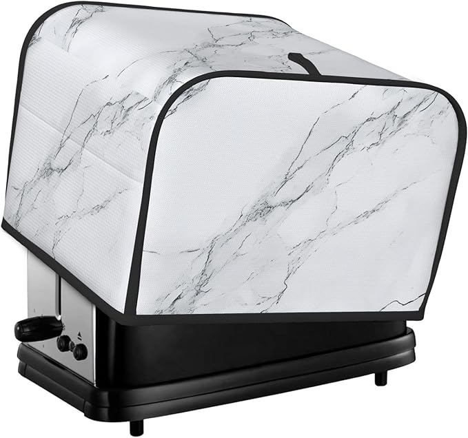 4 Slice Toaster Cover for Kitchen Marble White Gray Waterproof and Dustproof Oxford Fabric Toaster Dust Cover with Side Pockets Decorative Universal Cover for Wide Slot Toasters and Small Appliances