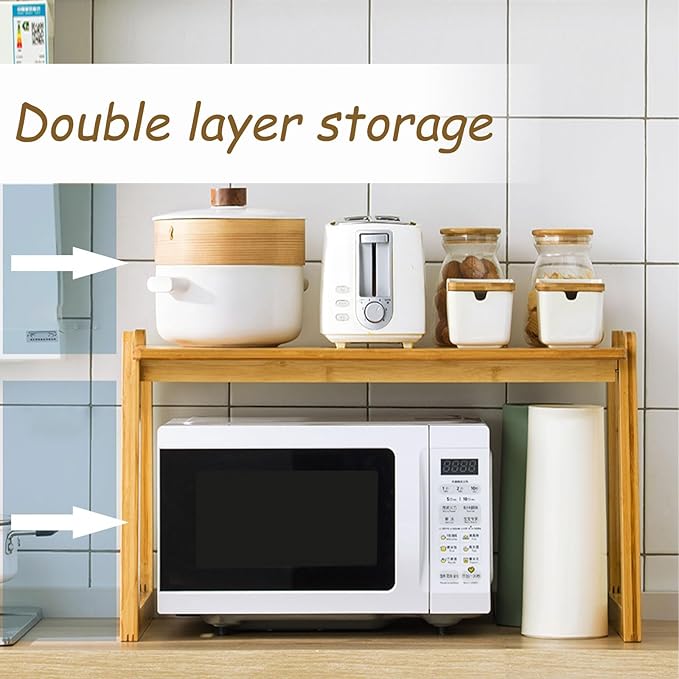 2 Tier Wooden Microwave Stand - Countertop Rack for Microwave Oven, Toaster, and Kitchen Appliances - Ideal for Condiments and Storage Solutions