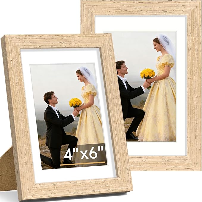 Vittanly 4x6 Picture Frame Set of 2, Solid Wood Frame for Wall or Tabletop, Display Photo 3.5x5 with Mat or 4x6 without Mat, Natural