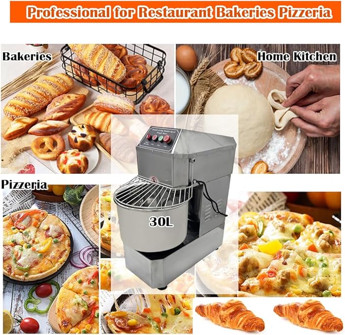 Commercial Dough Mixer Double Action Double Speed Stand Dough Mixer Machine Heavy-Duty Spiral Food Mixer Stainless Steel Pizza Bread Flour Kneading Blender 30L for Bakeries Pizzerias