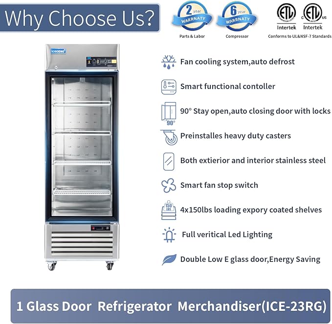 ICECASA 27" W Commercial Display Refrigerator Single Glass Door Merchandiser Reach-in 23 Cu.ft Stainless Steel Display Refrigerator Fan Cooling for Restuarant, Bar, Shop, etc