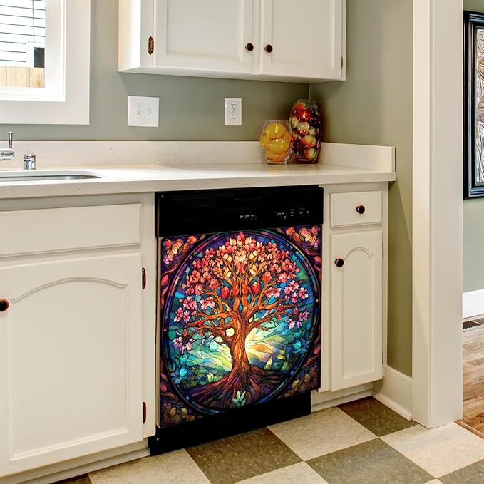 Dishwasher Magnet Cover Tree of Life Flower Magnetic Dishwasher Decorative Cover Front Dishwasher Door Cover Reuseable Dishwasher Cover Panel Decal for Kitchen Refrigerator Home Appliances 26" X 23"