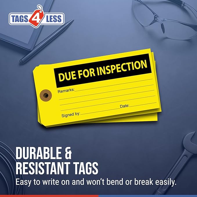 Tags 4 Less Production Quality Control Hang Tags – Equipment Preventative Maintenance Labels, for Easy Record-Keeping for Inventory Status (Due for Inspection, Pack of 100)