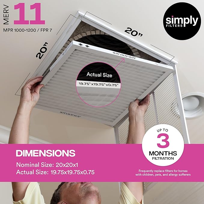 Simply 20x20x1 Air Filter, Merv 11, MPR 1000, 6 Pack, Furnace Air Filter for HVAC (Actual Size: 19.75"x19.75"x0.75") DUST, Pet, & Allergy Control