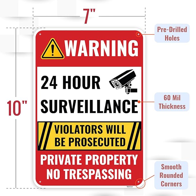 2PC 24 Hour Surveillance Sign, 10 x 7 Inches - Aluminum - Private Property No Trespassing - Security Camera Metal Warning Sign