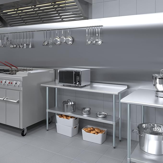 AmGood 60" Long x 18" Deep Stainless Steel Work Table with 1.5" Backsplash | Metal Kitchen Food Prep Table | NSF