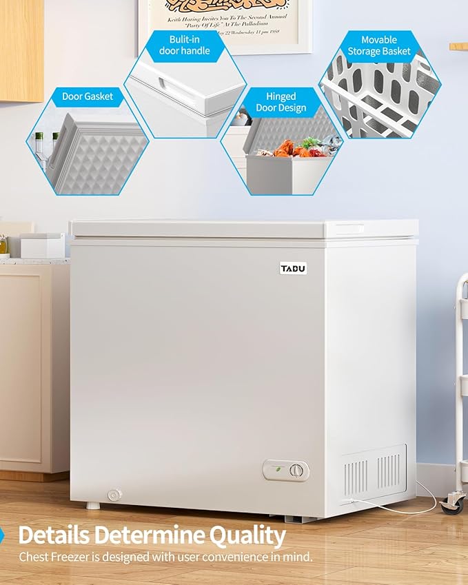 TABU 10 Cu Ft Deep Freezer,Top Opening Chest Freezer with Storage Basket, Energy Saving Compact Freezer with 7 Level Adjustable Thermostat, Removable Basket (White)