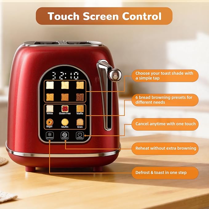 Mecity Toaster 2 Slice, Touch Screen Wide Slot Retro Toaster For Breads Bagel Muffin Waffle, House Warming Gift New Home, 120V 825W, Red Pearl