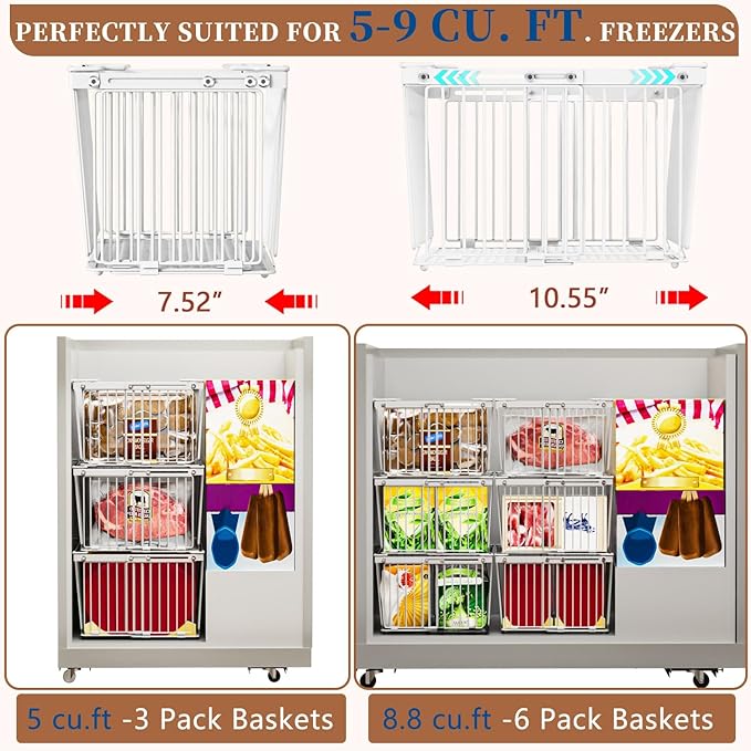 Large Freezer Organizer Bins，Upgraded Bottom Leak-Proof net，Fit 5 to 9 Cu Ft Chest Freezer，5 Pack， Expandable Stackable Chest Freezer Containers with Handle (White-5P)