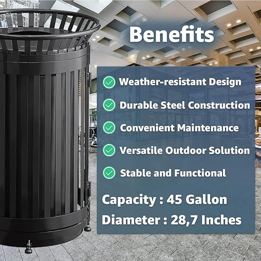 45 Gallon Black Trash Can with Flat Lid & Door, Outdoor Heavy-Duty Commercial Waste Bin Steel Slatted, Round Recycle Container, Durable Garbage Can for Parks, Municipalities, Schools, Parking