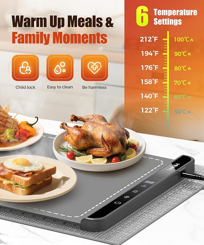 Extra Large Food Warming Mat with Heat-Resistant Pad, 36X15 Inch, 6 Temperature & 6 Timer Settings, Child Lock Safety,Food Warmer Chafing Dishes Fits for Family Dinners and Parties