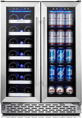 Phiestina Beverage Fridge, 24 Inch Wine and Beverage Refrigerator, Under Counter Wine Cooler- 20 Bottles & 76 Cans, Built-in/Freestanding Dual Zone with Glass Door
