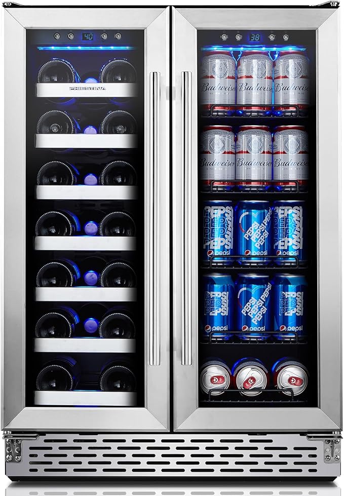 Phiestina Beverage Fridge, 24 Inch Wine and Beverage Refrigerator, Under Counter Wine Cooler- 20 Bottles & 76 Cans, Built-in/Freestanding Dual Zone with Glass Door