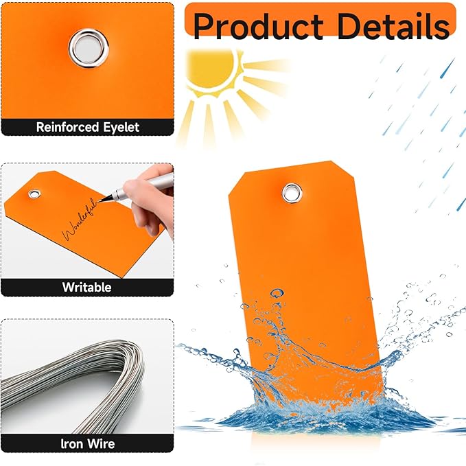 200 Pieces 4 3/4" x 2 3/8" Waterproof Shipping Tags with Wires Blank Tags with String Attached Plastic with Reinforced Hanging for Repair Marking Auto Parts Luggage Garage Inventory(Orange)