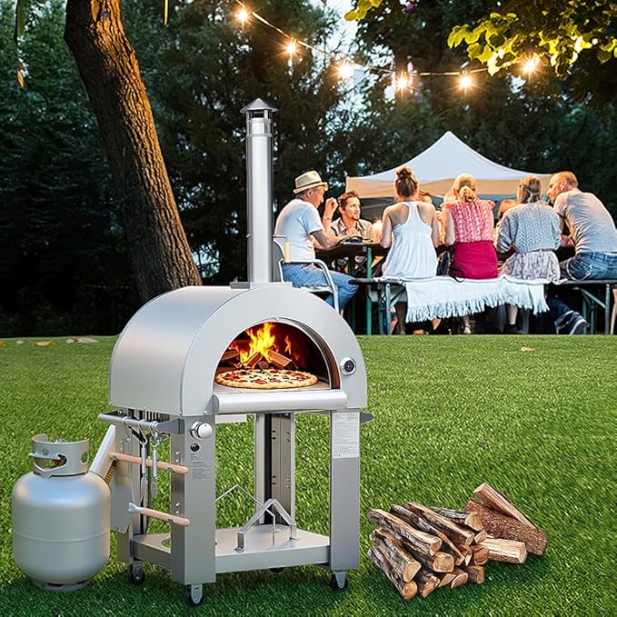 32.5" Dual Fuel Pizza Oven - Wood Fired or Propane Gas Fueled, Large Outdoor Oven with 4 Casters, 8 pcs Pizza Stones for BBQ, Grilling, 430 Stainless Steel Pizza Oven for Backyard, Camping and Party